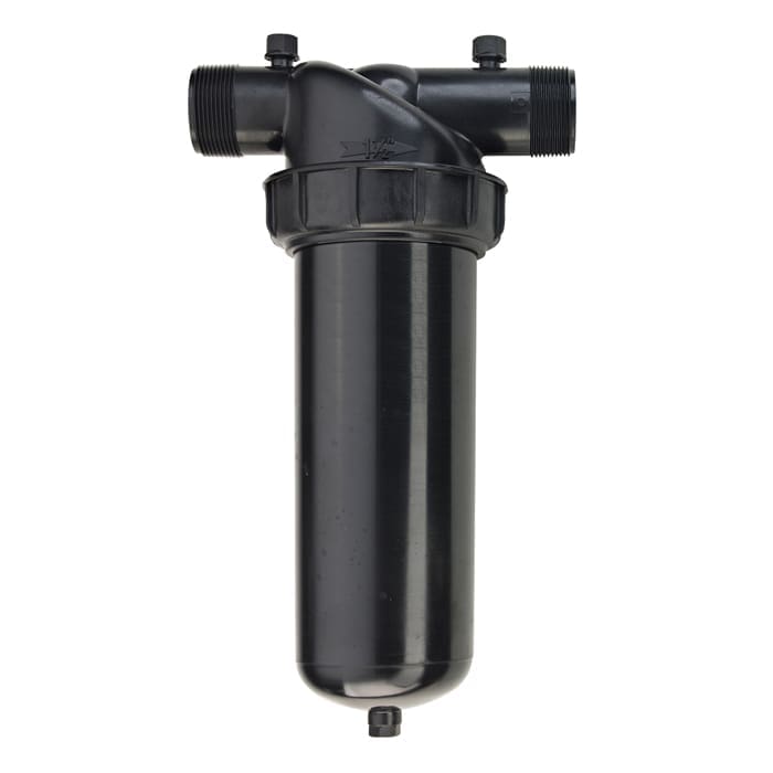 Black water filter with two connection ports.