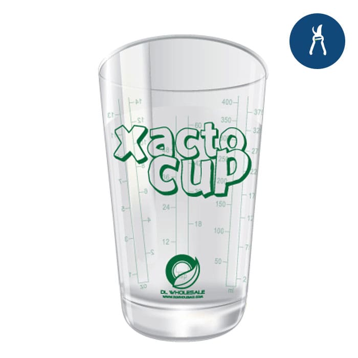 Clear measuring cup labeled "Xacto Cup."