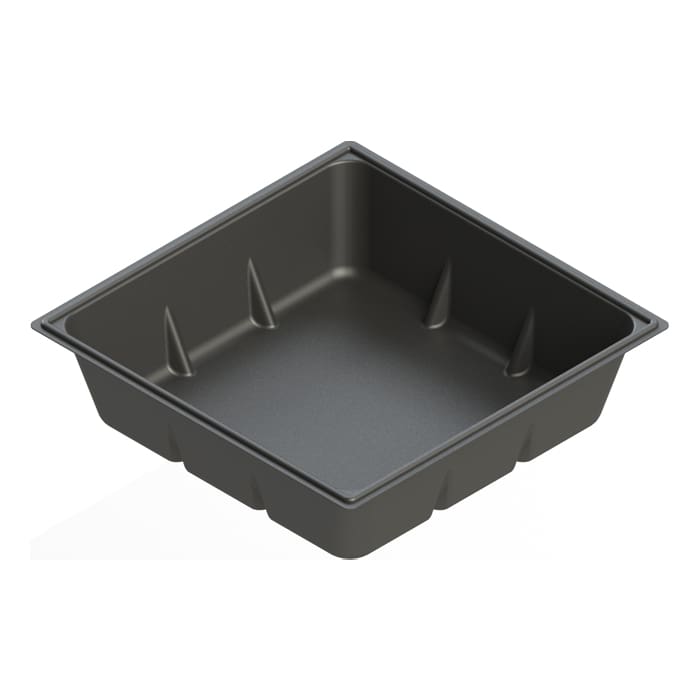 Black plastic food storage container.