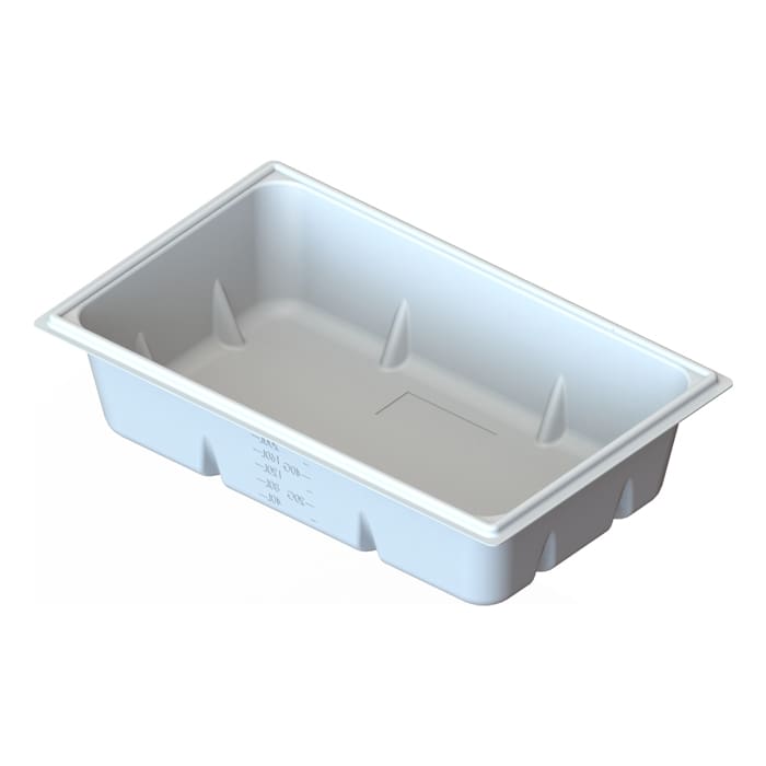 White rectangular plastic container for food.