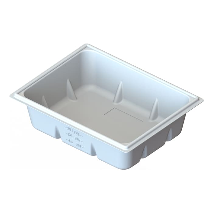 White plastic food container with raised edges.