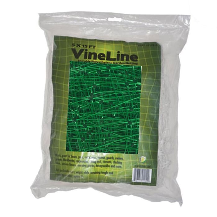 Green garden netting in plastic packaging.