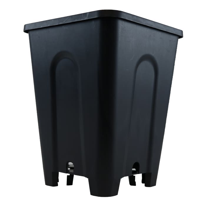 Black plastic storage container with drainage holes.