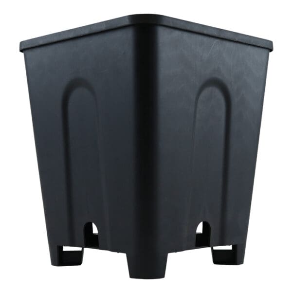 Black plastic storage container with drainage holes.