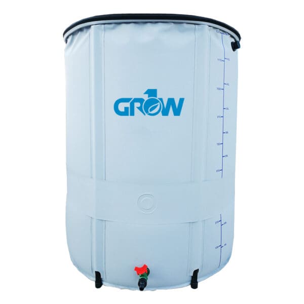 White storage tank with a logo.