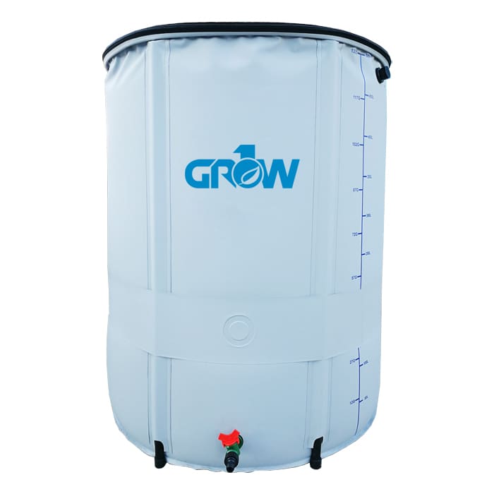 Large white water storage tank with logo.