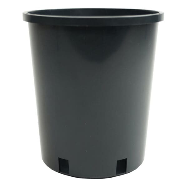 Black plastic plant pot without plants.