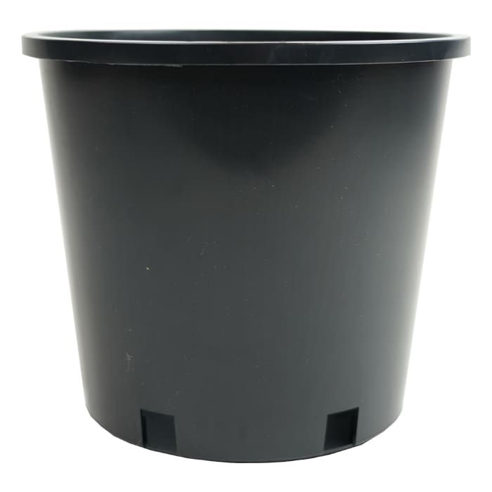 Black plastic plant pot without plants.