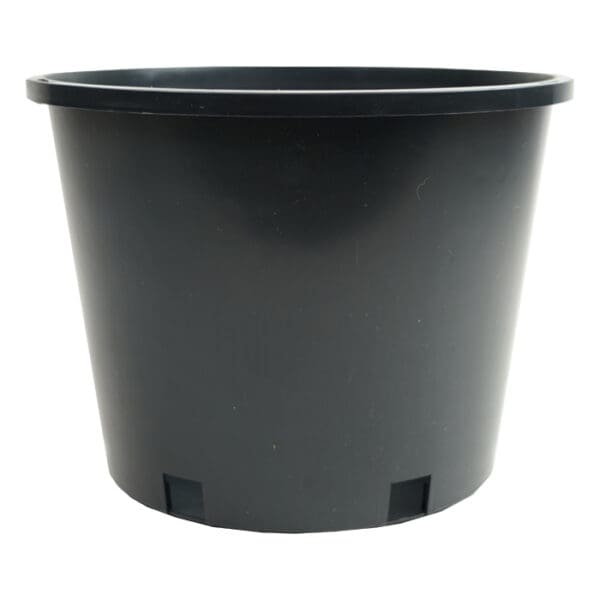 Black plastic planter container with drainage holes.