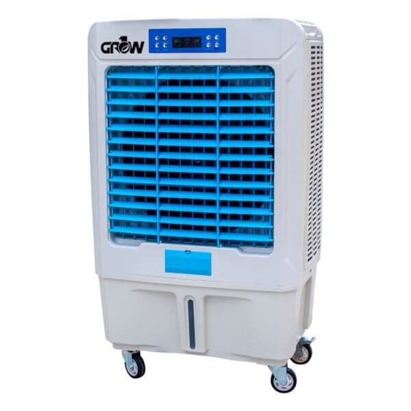 Portable evaporative cooler with blue accents.