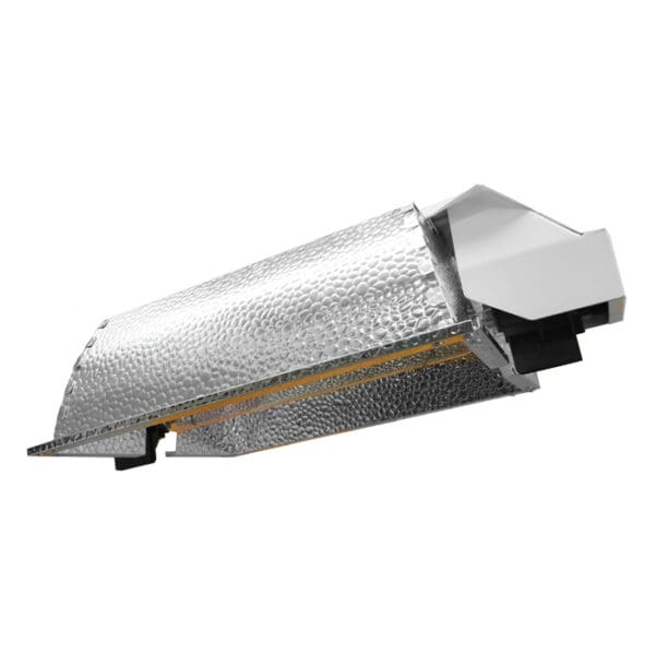 Reflective silver light fixture, angled view.