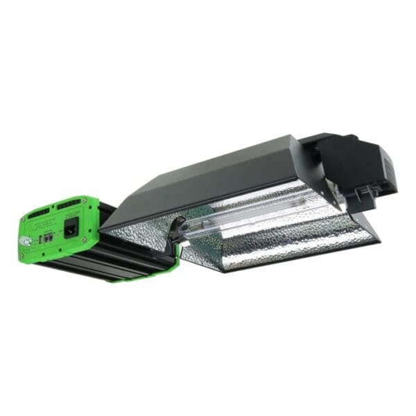 Black and green fluorescent grow light fixture.