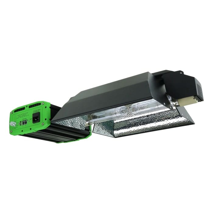 Black and green industrial grow light fixture.