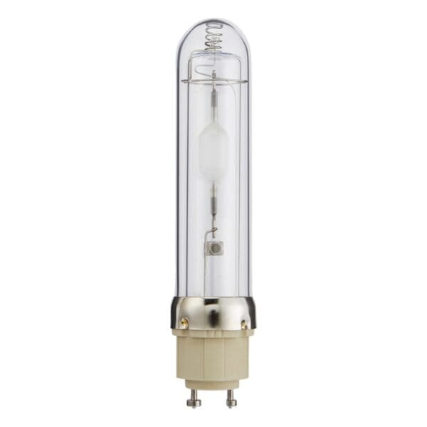 Clear glass light bulb with metal base.