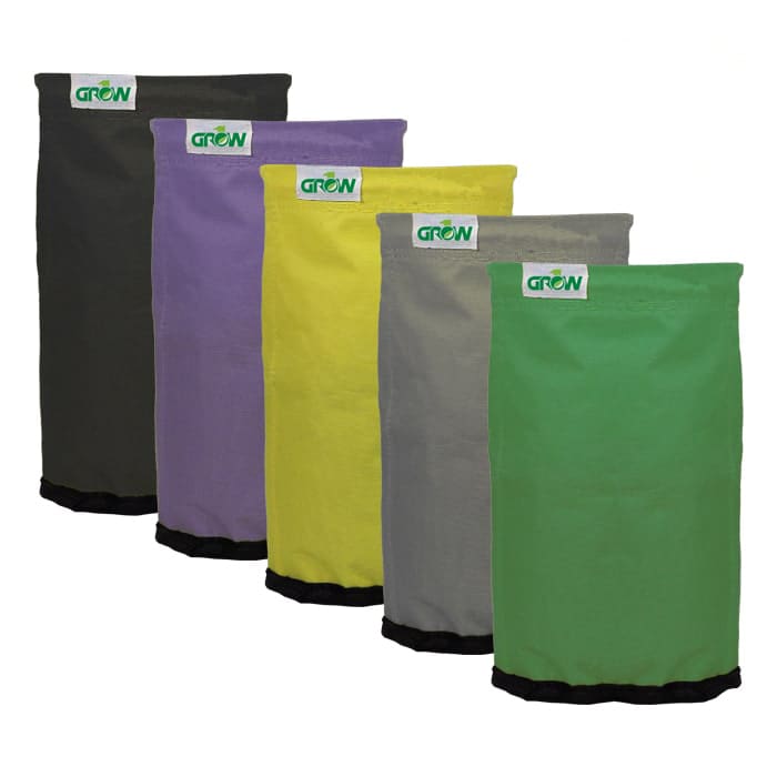 Multi-colored fabric bags in a line.