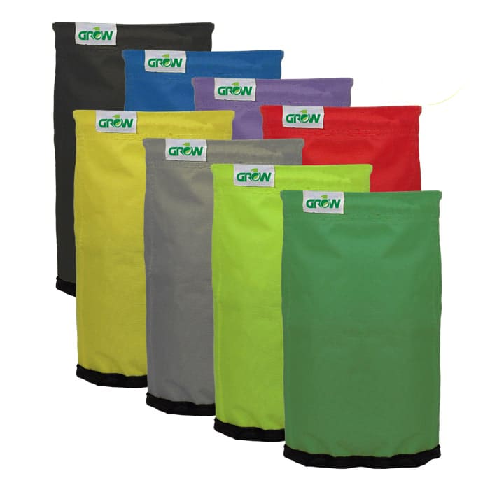 Colorful fabric bags with branding.