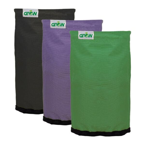 Three colorful grow bags: black, purple, green.