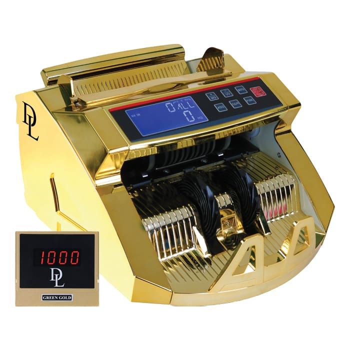 Gold coin counting machine with digital display.