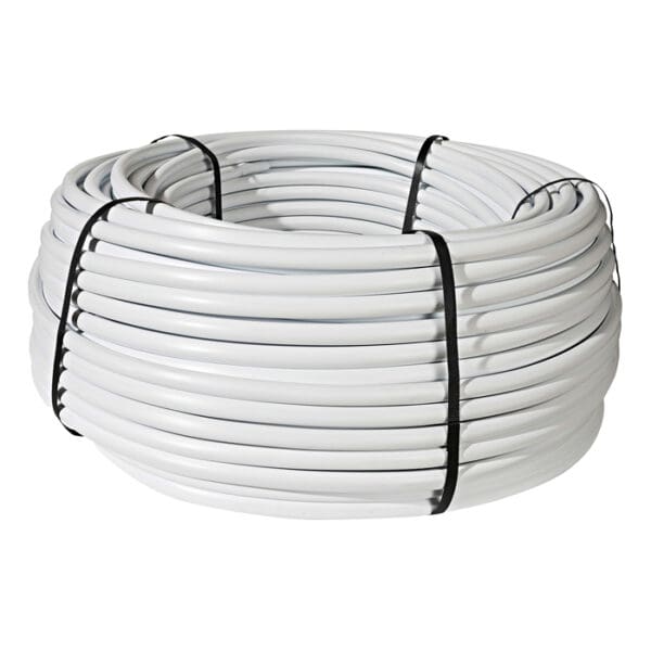 Coiled white plastic tubing, secured with bands.