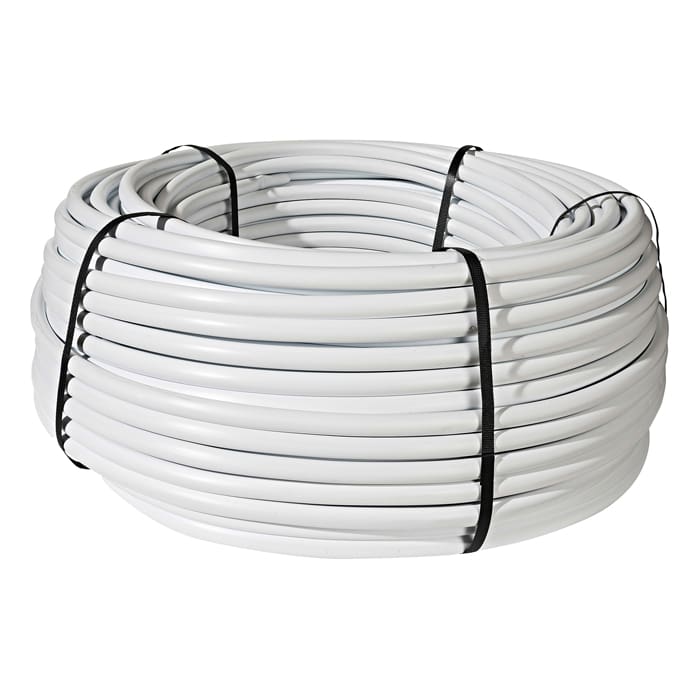 Coiled white plastic tubing with black straps.