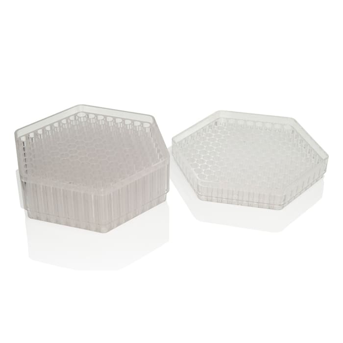 Transparent hexagonal containers with honeycomb design.