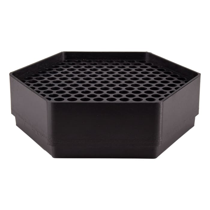 Black hexagonal container with perforated surface.