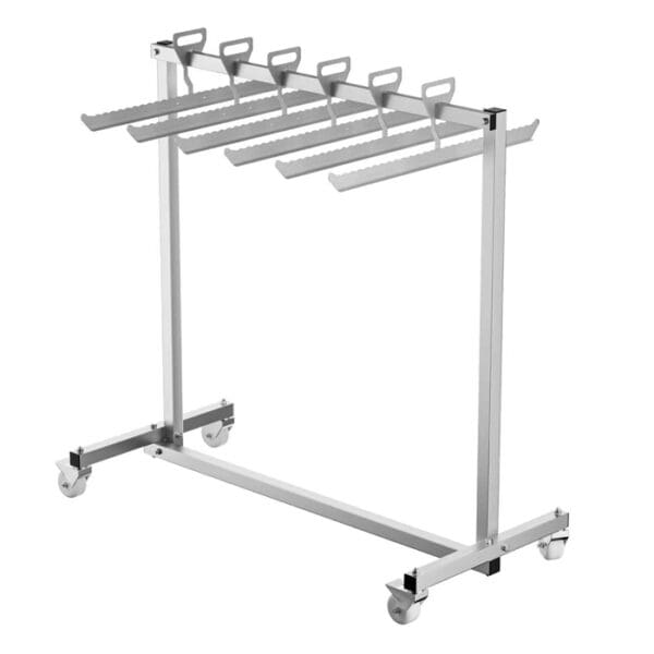 Metal drying rack with wheels and multiple bars.