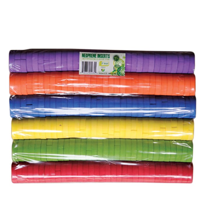 Colorful neoprene inserts packaged in rolls.