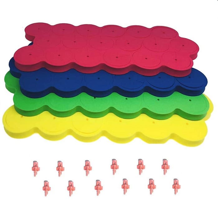 Colorful stacking mats with small connectors.