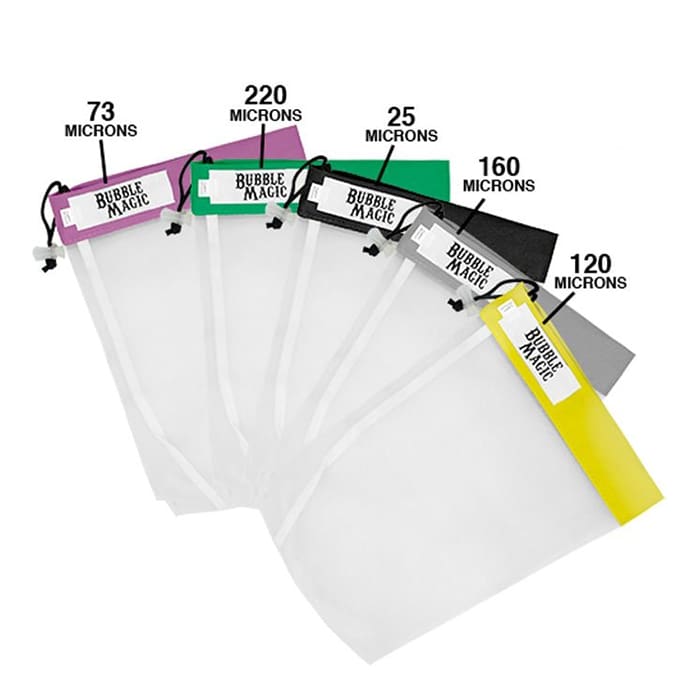 Various micron-size filter bags displayed horizontally.