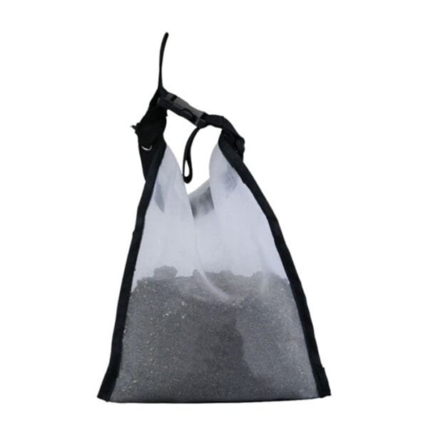 Transparent bag filled with dark material.