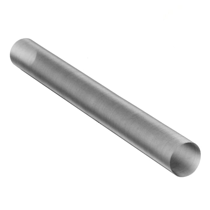 Stainless steel cylindrical rod on white background.