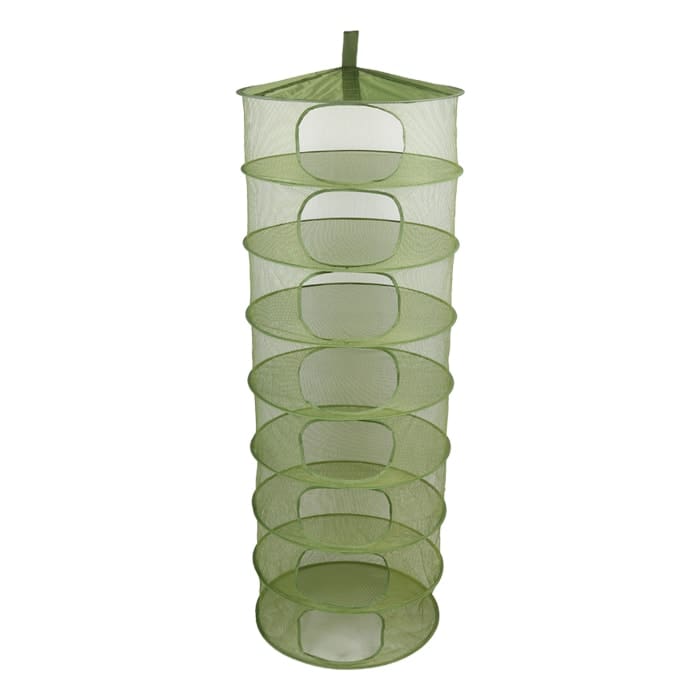 Green mesh storage tower with multiple shelves.