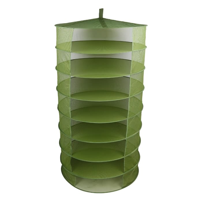 Green mesh drying rack with multiple layers.