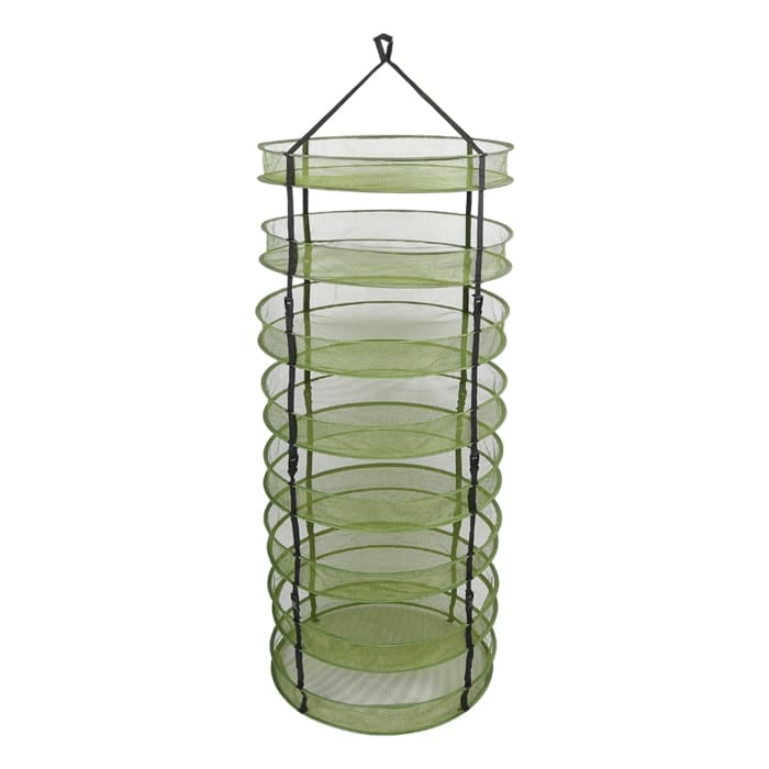 Hanging green drying rack with multiple levels.