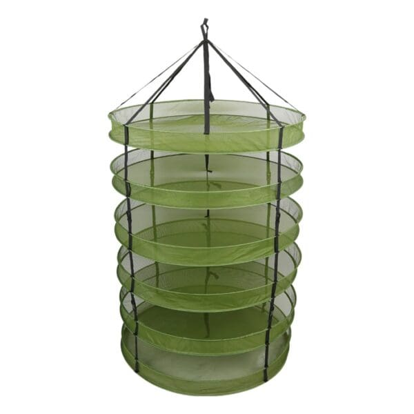 Green collapsible drying rack with multiple tiers.