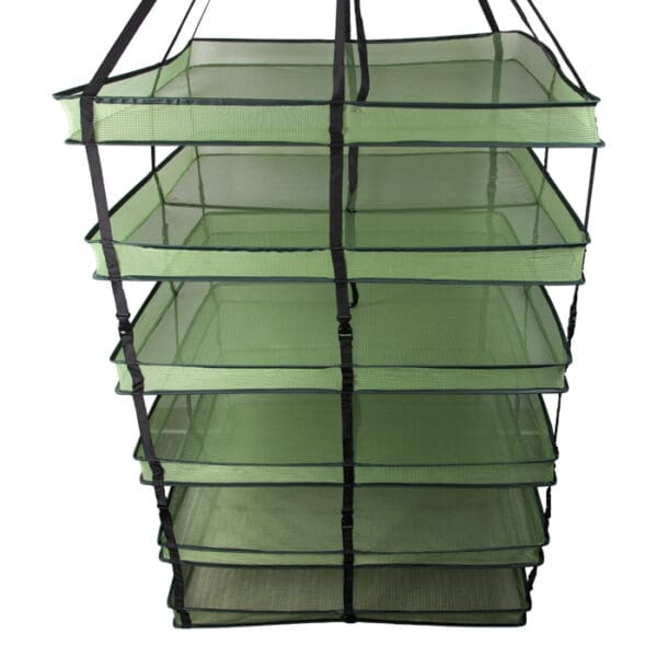 Green multi-tier drying rack for plants.