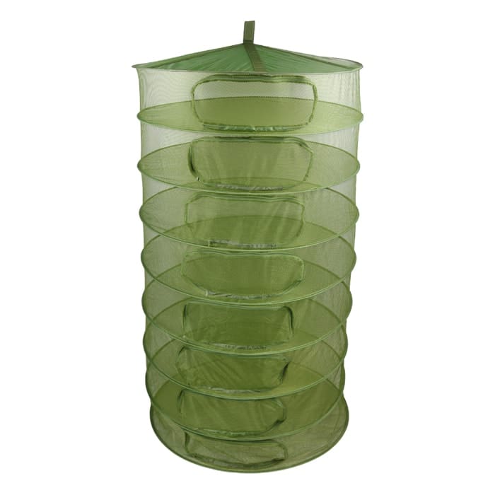 Green drying rack with multiple layered compartments.