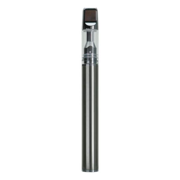 Vape pen with transparent tank and metallic body.