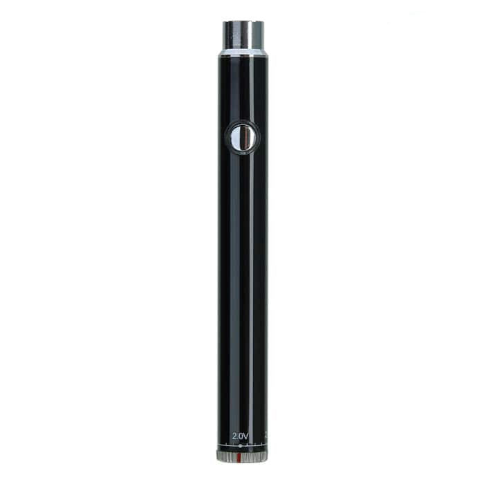 Black vape pen with button and adjustable settings.