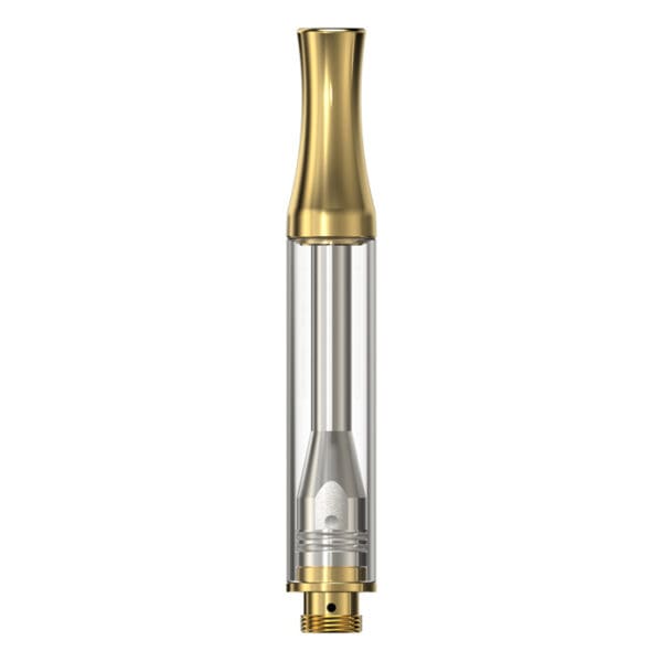 Glass vape cartridge with gold top.