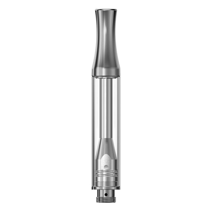 Clear vape cartridge with metal tip.