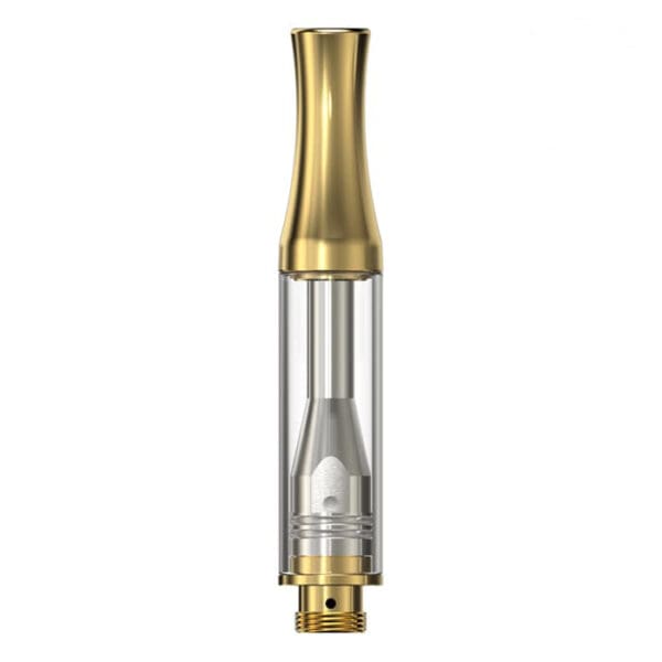 Gold-tipped clear vape cartridge.