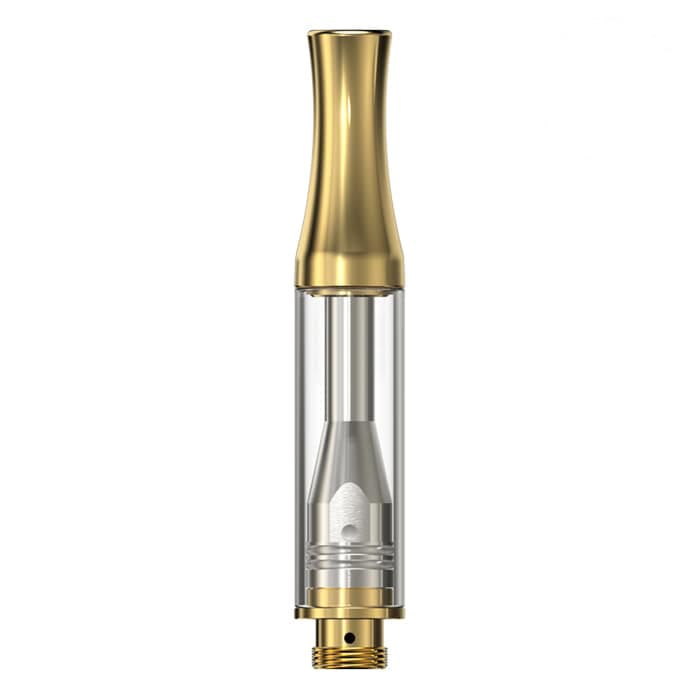 Gold-tipped clear vape cartridge.