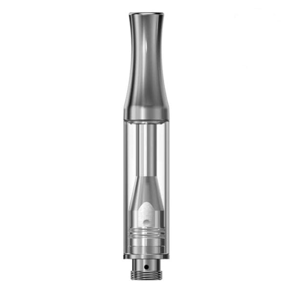 Vaporizer cartridge with metal tip and glass body.