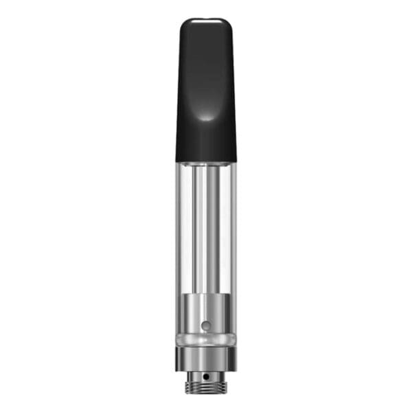 Vape cartridge with black mouthpiece and tank.