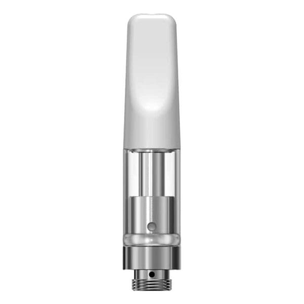 Clear vape cartridge with white mouthpiece.