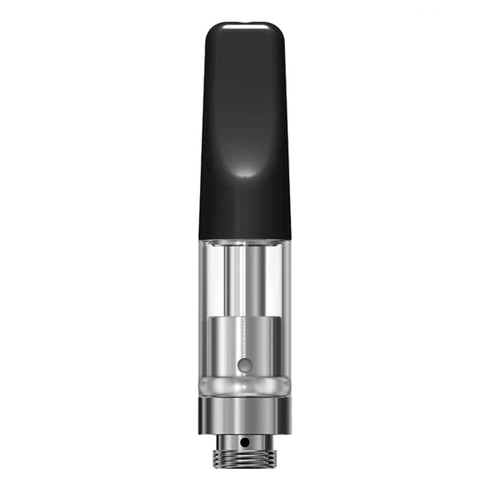 Cannabis oil vape cartridge with black tip.