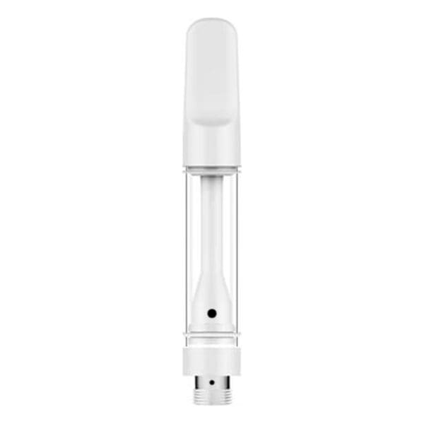 White transparent vape cartridge with mouthpiece.