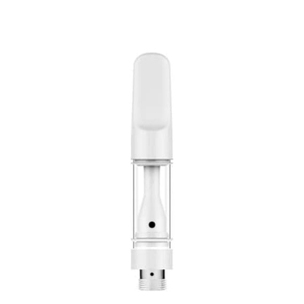 White vape cartridge with clear chamber.